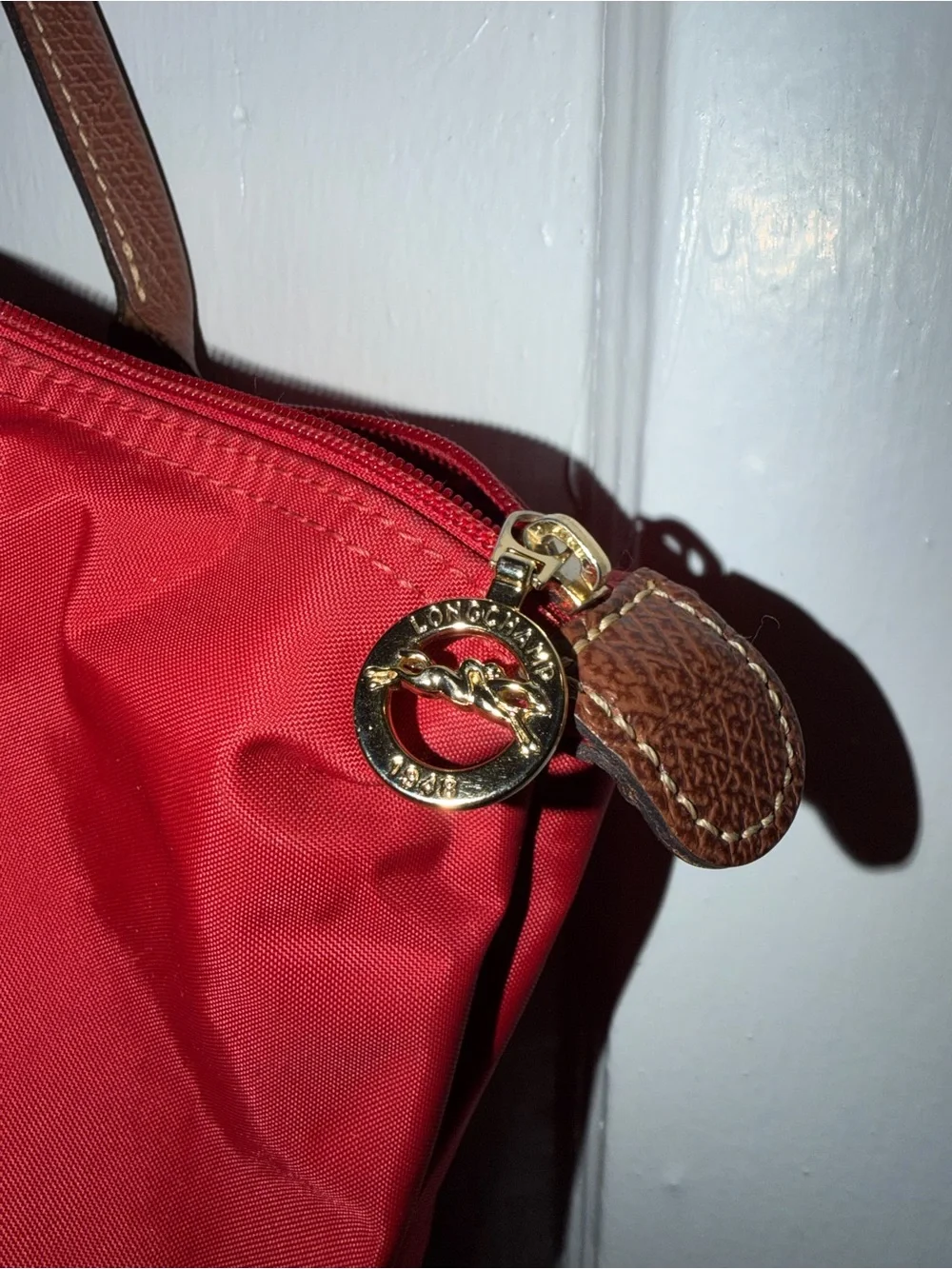 Longchamp Coral Tote with Brown Leather Trim